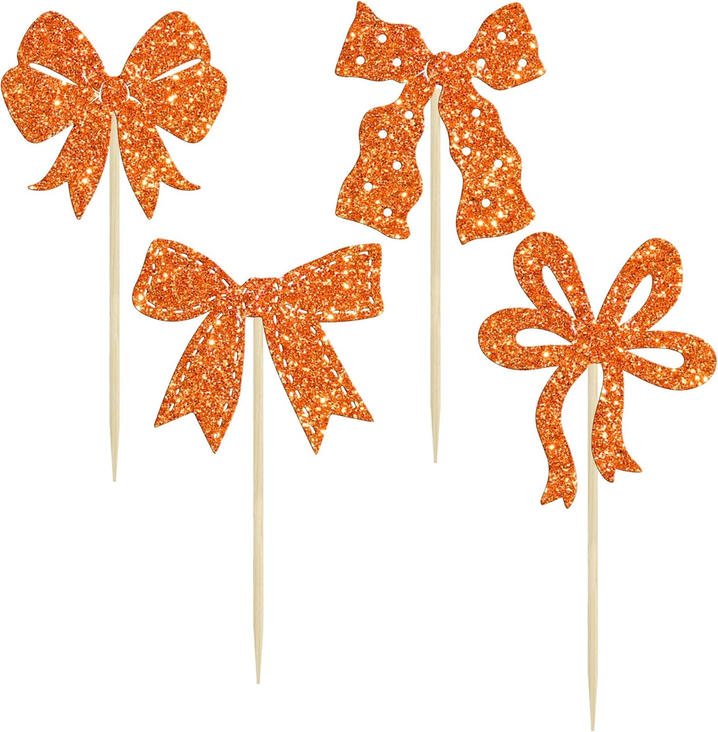 Ephlyn 24Pcs Bow Cupcake Toppers Bow Birthday Cake Topper Girls Birthday Party Decorations Bowknot Cupcake Decorations for Bridal Baby Shower Birthday Wedding Themed Party Orange