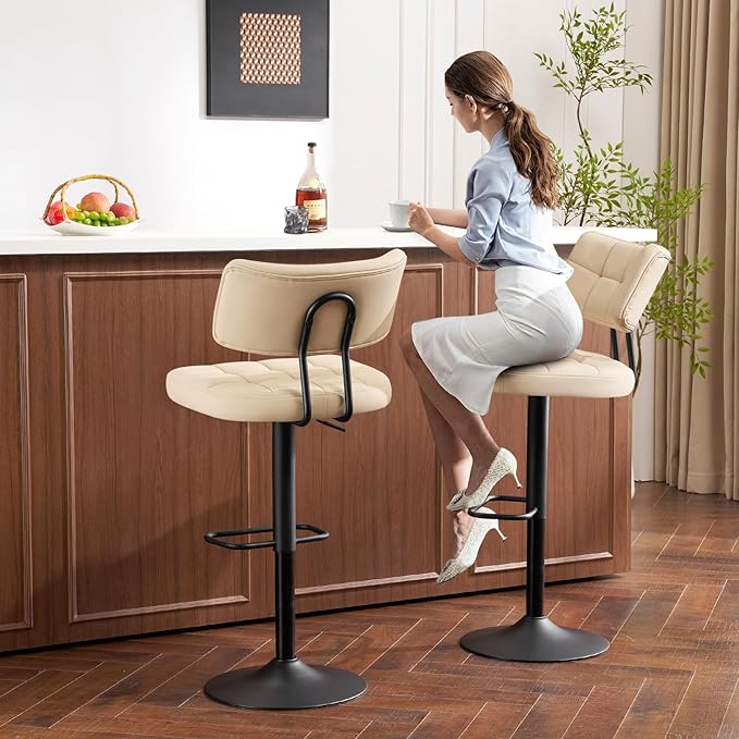 Furniliving Upholstered Bar Stools Set of 4, Faux Leather Swivel Bar Stools with Back, Adjustable Counter Height Barstools for Kitchen Island, Dining Space, Beige