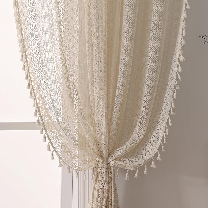 WAZZIO Boho Lace Curtains 45 Inches 2 Panel, Light Filtering Privacy Tassel & by WAZZIO
