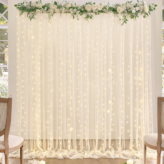 Champagne Backdrop Curtains with Lights String for Wedding Parties 10×10ft Sheer Tulle Backdrop Curtain for Bridal Shower Baby Shower Birthday Party Photo Shoot Decorations 2 Panels 5×10ft