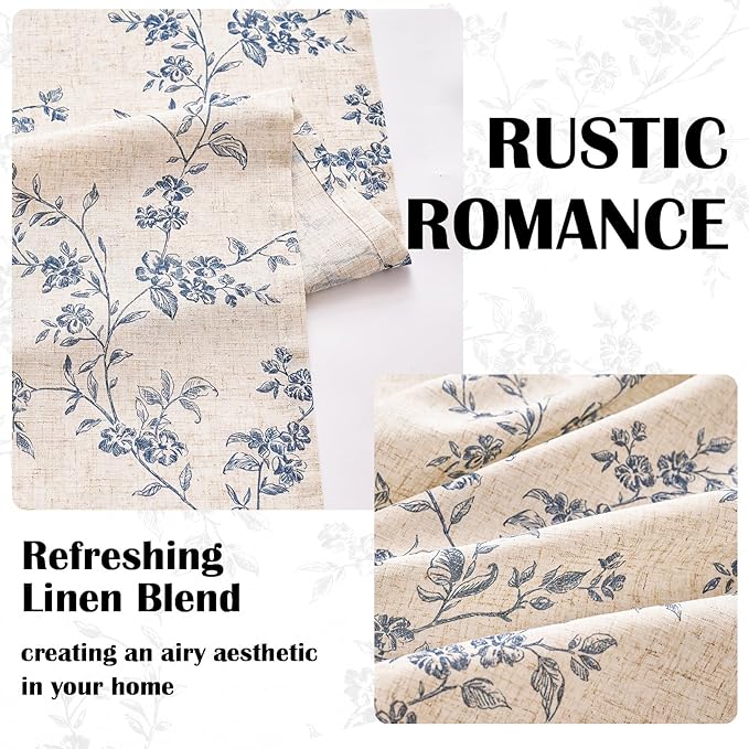 Lazzzy Blue Floral Linen Curtains 96 Inch Farmhouse Back Tab Drapes - Image 4