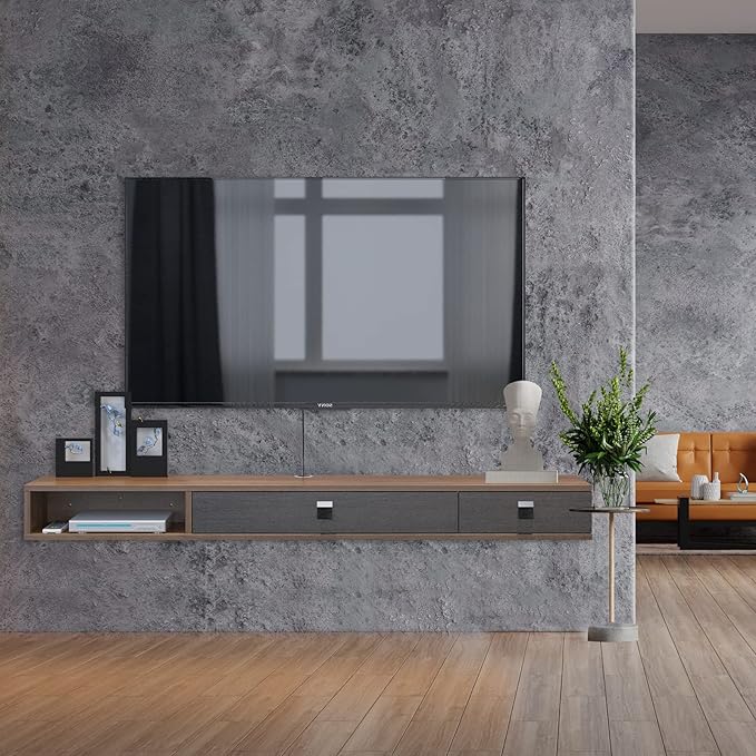 Pmnianhua Floating TV Shelf,55'' Wall Mounted Floating TV Stand Unit Media Console Wall TV Console Cabinet Media Entertainment Shelf with 2 Doors TVs up to 60 inch Flat Screen (Walnut)