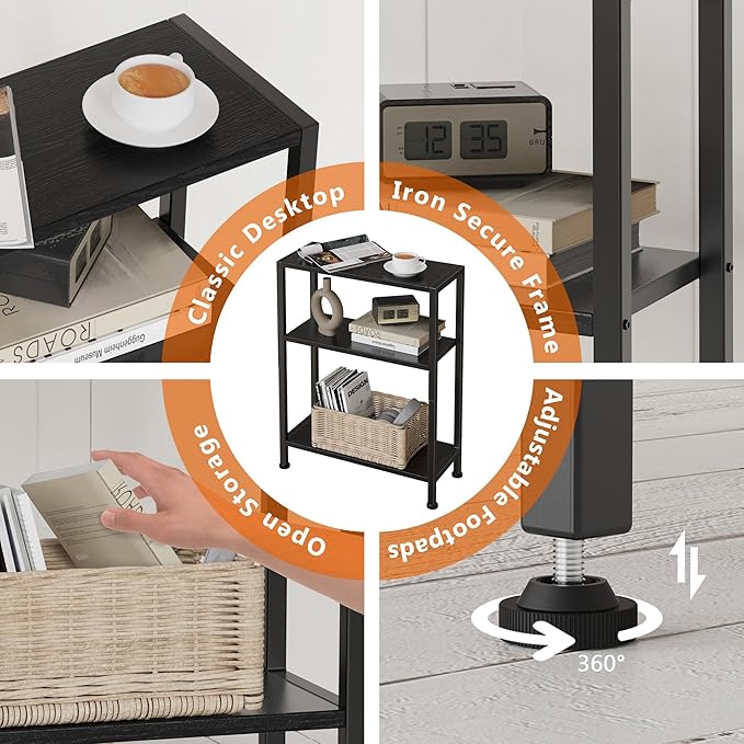 3-Tier Side Table Set of 2, Small End Table, Sofa Side Table for Narrow Spaces, Slim End Table, Nightstand Table, for Living Room Bedroom Office, Black
