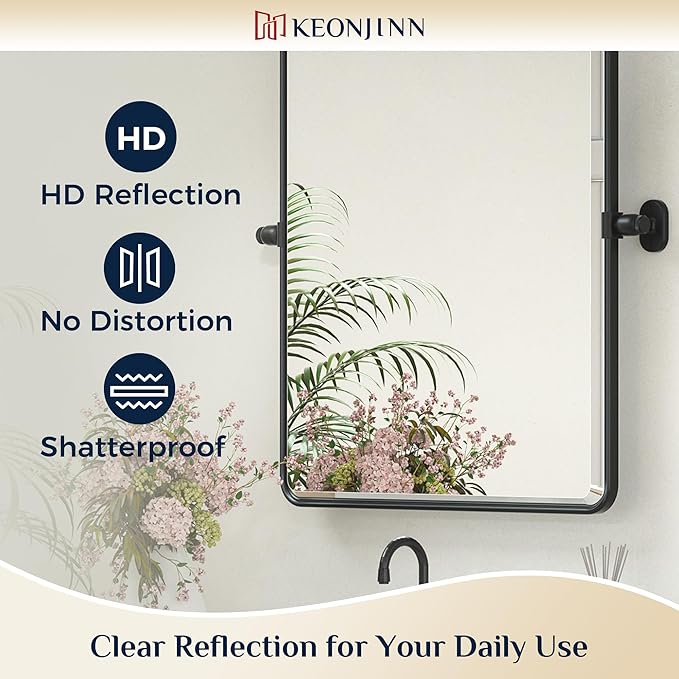 Keonjinn 24 x 36 Inch Pivot Mirror Bathroom, Black Tilt Mirror Bathroom for Wall, Matte Black Beveled Pivot Rectangle Mirrors for Over Sink, Farmhouse Metal Framed Vanity Mirrors, Horizontal/Vertical