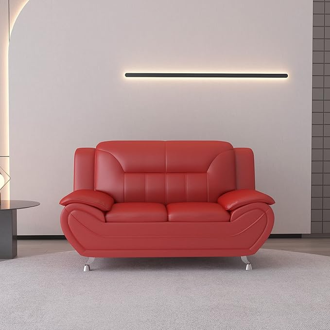 Container Furniture Direct Michael Modern Faux Leather Upholstered Stainless Steel Legs Living Room Sofa, Loveseat, Red