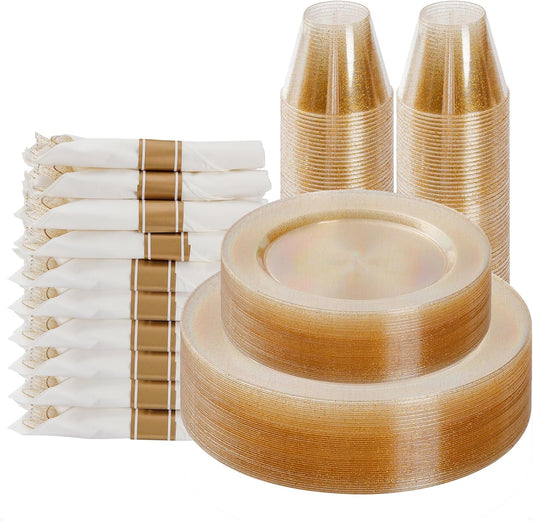 Goodluck 175 Piece Gold Glitter Plastic Dinnerware Set for 25 Guests, Fancy Disposable Plates for Party, Include: 25 Dinner Plates, 25 Dessert Plates, 25 Pre Rolled Napkins with Silverware, 25 Cups