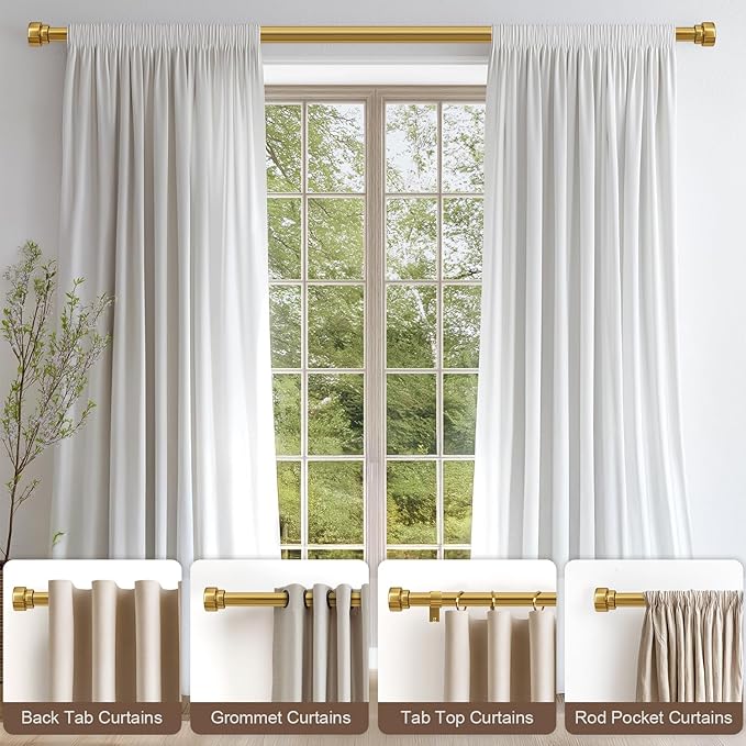 2 Pack Modern Gold Curtain Rods for Windows 72 to 144 Inches Adjustable Heavy Duty 1" Diameter Brass Window Curtain Rod with Solid Metal Finials for Outdoor Farmhouse Bedroom Kitchen Living Room