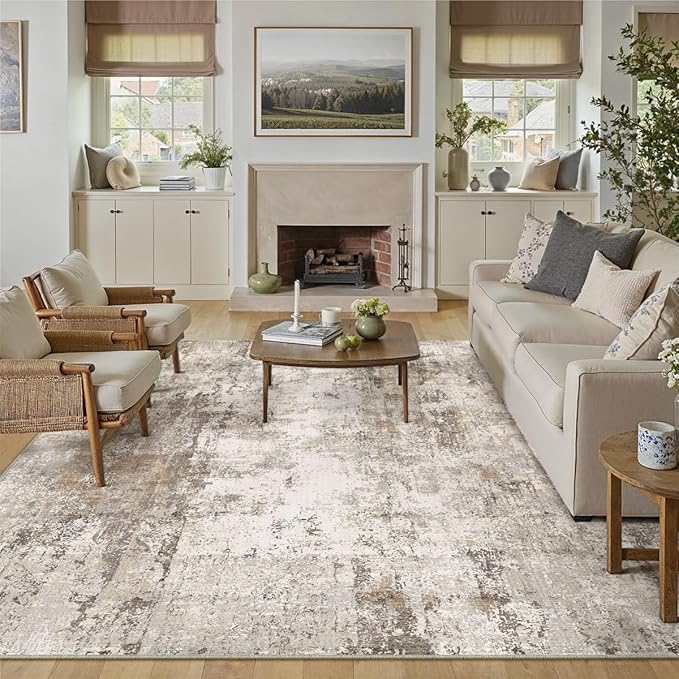 12x15 Washable Area Rug Brown Grey Abstract Neutral Living Room Bedroom Large Throw Rug Non Slip Soft Distressed Low Pile Indoor Floor Carpet for Kitchen Office Entryway