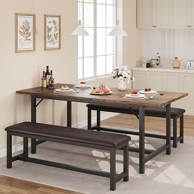 3-Piece Dining Table Set for 4-6 People, Extendable Kitchen Table Set with 2 Upholstered Benches, Dining Room Table Set for Apartment, Kitchen, Living Room, Brown