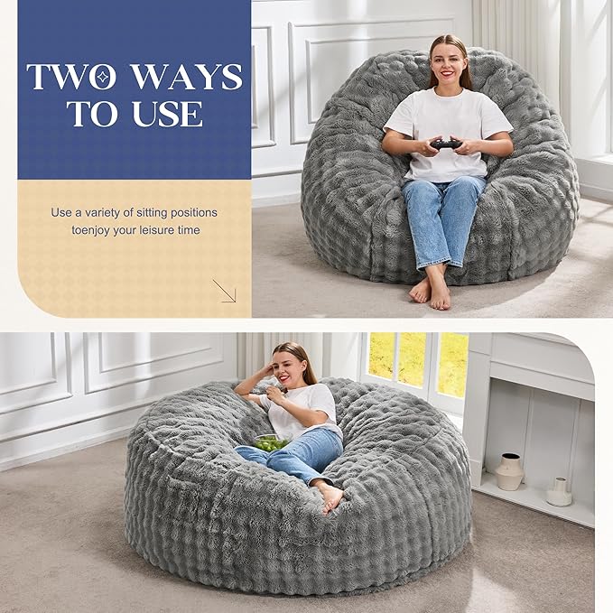 Hobestluk Bean Bag Chairs 5ft Beanbag Chair with Filler Adult Bean Bags with Fluffy & Machine Washable Cover, Giant Bean Bag Chairs for Adults (Grey, 5FT-50" x 50" x 24")