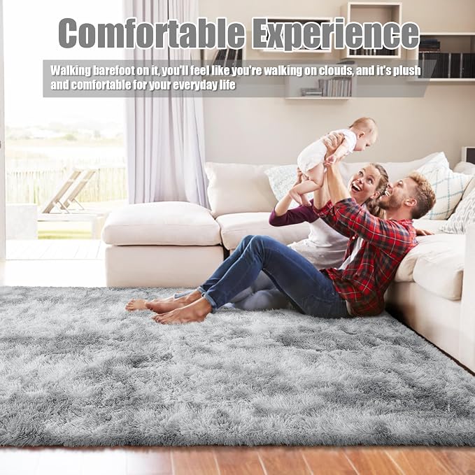 Shag Area Rug for Bedroom 5x8, Tie-Dyed Grey Fluffy Area Rugs for Living Room - Image 5
