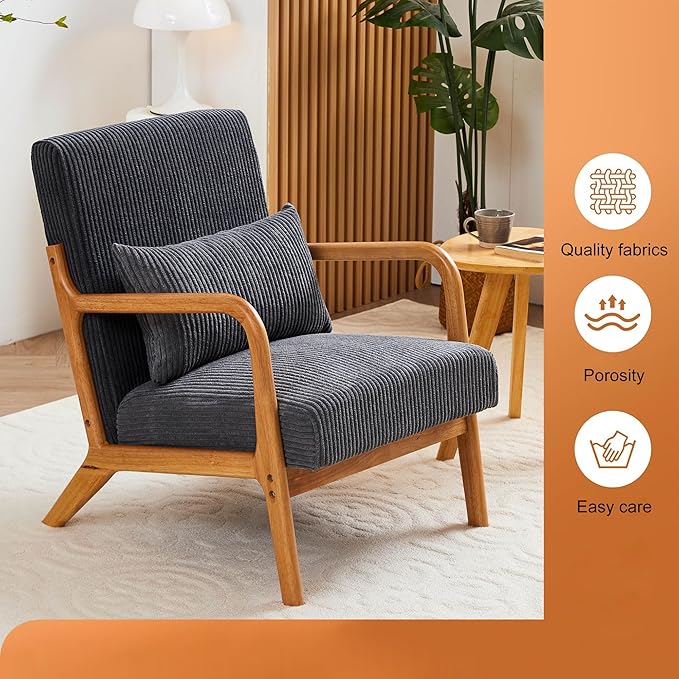 Ball & Cast Living Room Chair with Pillow,Mid-Century Modern Armchair w/Solid Wood Frame & Extra-Thick Backrest,Upholstered Reading Accent Chair for Bedroom,Dark Grey