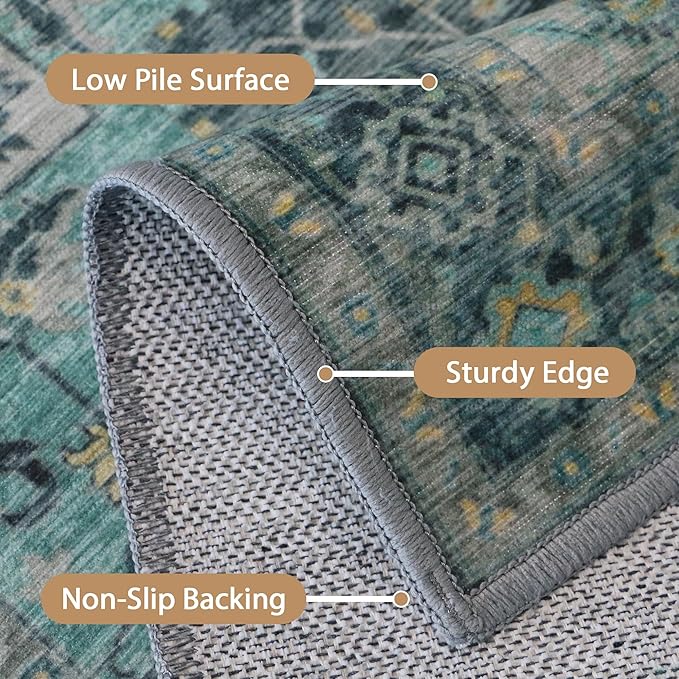 GENIMO 7'6''x9'6'' Area Rugs for Living Room, Machine Washable Non Slip Vintage Rugs, Low Pile Lightweight Chenille Print Rug for Bedroom, Dining Room, Home Office, Dark Green