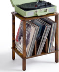 LELELINKY 2-Tier Record Player Stand with Vinyl Record Storage up to 100 Albums, Bedroom Record Holder and Multi-Functional End Table for Living Room, Brown