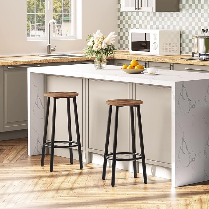 HOOBRO Bar Stools Set of 4, Counter Height Stools, Kitchen Round Height Stools, Bartools with Metal Frame and Smooth Top, for Kitchen, Bar, Cafe, Dining Room, Rustic Brown and Black BF03BYP401N1