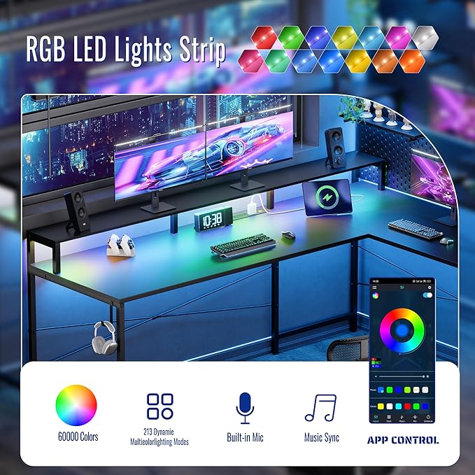 Pamray 64 Inch L Shaped Gaming Desk with Power Outlets and Led Lights, Large Corner Computer Desk with Monitor Stand and Pegboard, PC Table for Home Office and Bedroom Pink