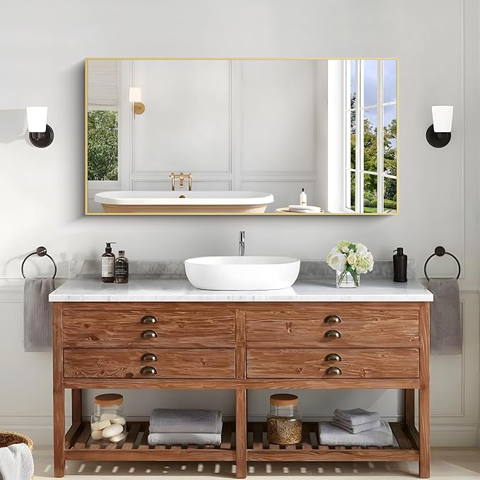 KOCUUY 24x48 Inch Large Gold Wall Mounted Mirror,Aluminum Framed Decorative Rectangular Bathroom Mirror for Wall Over Sink,Vanity Mirror for Bedroom Living Room Bathroom,Functional Oversized Mirror