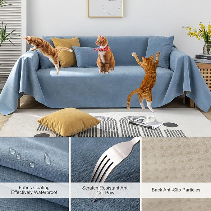 STACYPIK Blue Waterproof Blue Couch Cover, Sofa Cover for 3 Cushion Couch Pet-Friendly, Non-Slip Anti-Scratch Couch Cover for Dogs, L Shaped Sectional Cover, Washable Furniture Protector-71X134IN