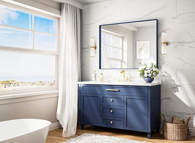 Keonjinn Blue Bathroom Mirror 40 x 30 Inch, Metal Frame Rectangular Wall Mirror, Modern Farmhouse Navy Blue Mirrors, Large Square Corner Rectangle Mirrors for Over Sink