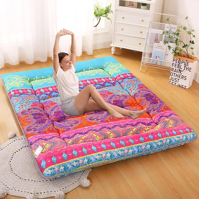 Bohemian Retro Japanese Floor Mattress, Vintage Floral Tatami Floor Mat, Portable Roll up Futon Mattress for Guest,Tavel (D,Full 80" X 47")