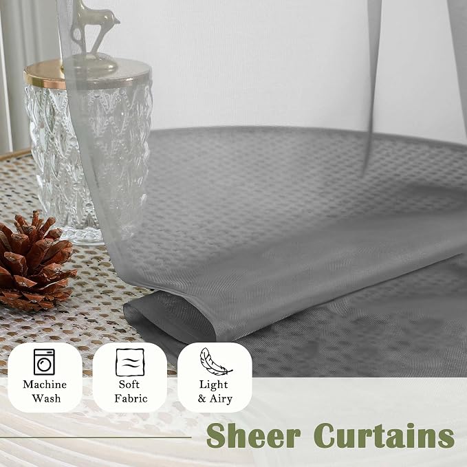 Lecloud Charcoal Grey Sheer Curtains 63 Inch Length 2 Panels, Rod Pocket Light - Image 4