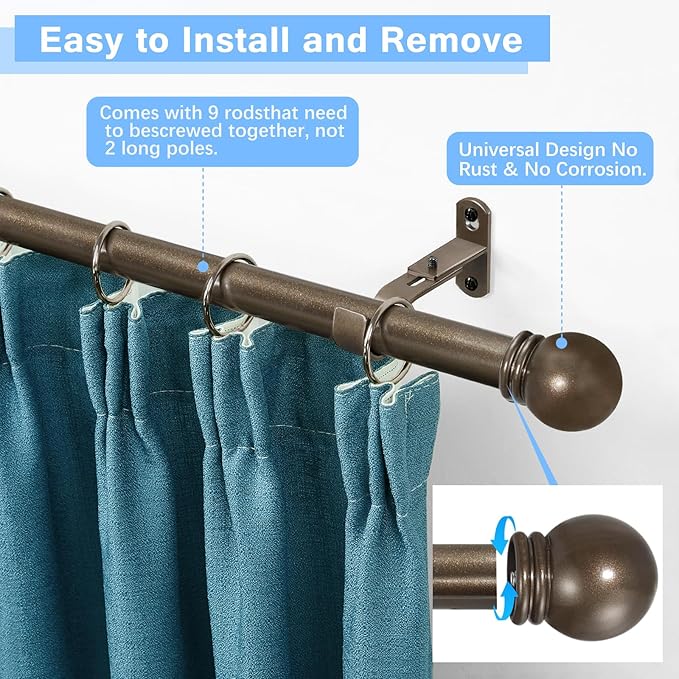 Curtain Rods for Windows 16 to 136 Inches, Curtain Rod Max Adjustable Length of 144 IN, 1" Diameter Drapery Rods Round Finials, Brown, Pack of 1