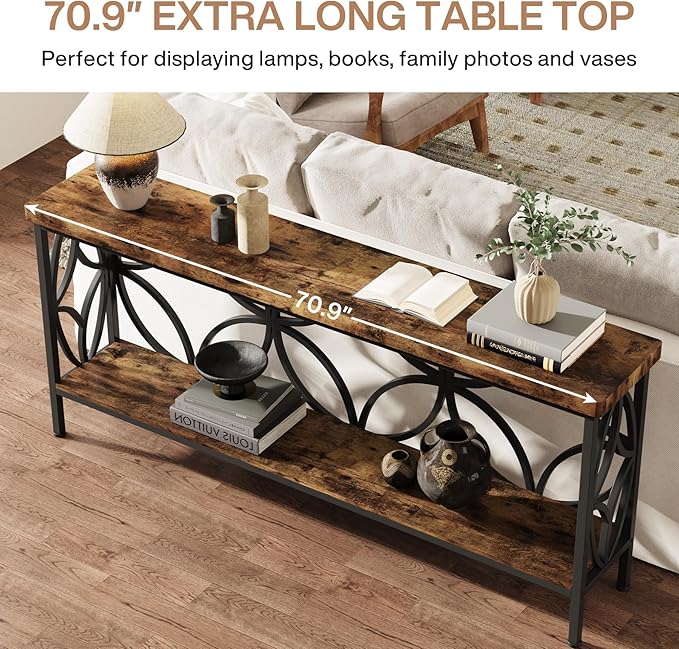 LITTLE TREE Sofa Table, 70.9 Inch Industrial Behind Couch Table with Storage Shelves, Narrow Long Console Table for Entryway, Living Room, Foyer, Hallway, Office