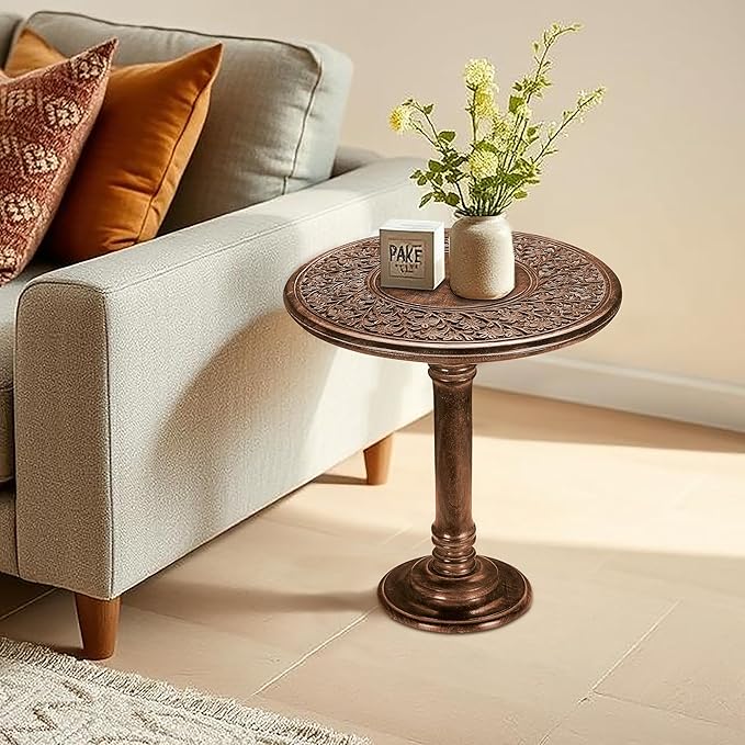 Wooden End Table for Living Room - 18x22 Burnt Finish Carved Side Table, Single Pillar Nightstand, Bedside Table for Books, Plants, Magazines, Small Space Accent Table
