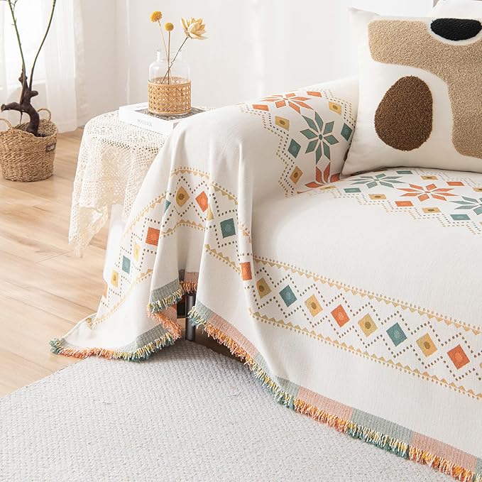 STACYPIK Modern Beige Sofa Cover, Boho Chenille Couch Cover for Sectional, Non-Slip Jacquard Furniture Protector for 2 Cushion Couch, L Shaped Couch Decorative & Reversible Sofa Slipcover-71X118IN