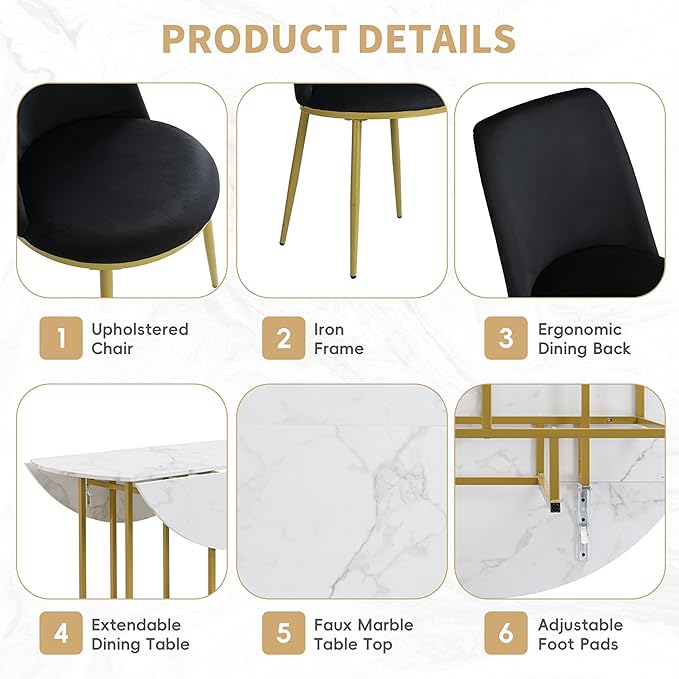 Merax 47.2” Round Dining Table Set for 4, Foldable Kitchen Dining Table with 11.8” Drop Leaves, Faux Marble Top with Golden Frame, 4 Upholstered Chairs (White+Black)