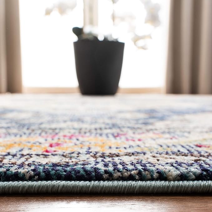 SAFAVIEH Monaco Collection Area Rug - 6'7" Square, Navy & Light Blue, Boho Chic Medallion Distressed Design, Non-Shedding & Easy Care, Ideal for High Traffic Areas in Living Room, Bedroom (MNC243N)