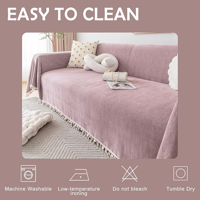 HANDONTIME Soild Couch Covers for Dogs Pink-Purple Sofa Covers Boho Cover for Sofa 3 Seats Chenille Sofa Throw Cover Mauve Sofa Covers for 3 Cushion Couch Tassel,Washable, Pet Friendly, 71" X134"
