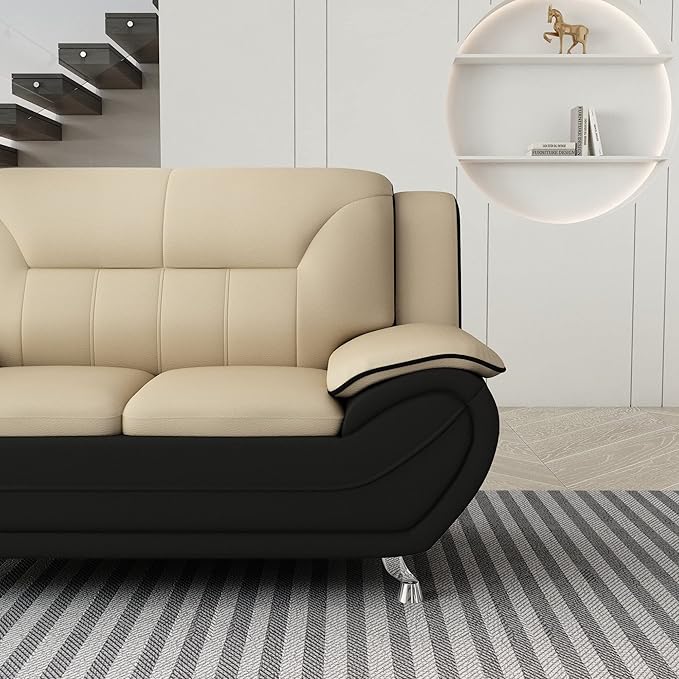 Container Furniture Direct Michael Modern Faux Leather Upholstered Stainless Steel Legs Living Room Sofa, Loveseat, Camel/Black