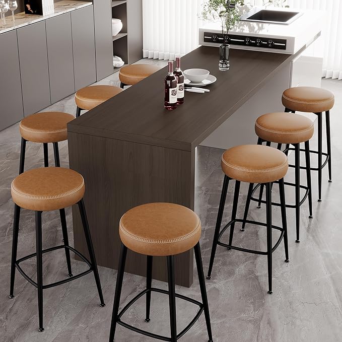 Counter Height Bar Stools, 26" H Backless Bar Stools Set of 2, Upholstered Faux Leather Kitchen Counter Stools, Mid Century Modern, Kitchen Island Home Bar, Pub, Caramel Brown