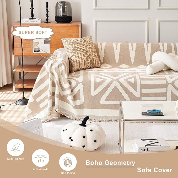 STACYPIK Durable Khaki Couch Covers for Dog Boho L Shape Armchair Slipcovers Tassels Couch Protector for 1 Cushion Couch Reversible Geometric Sofa Cover Anti Slip Multi-Use Couch Cover Blanket-71X71IN