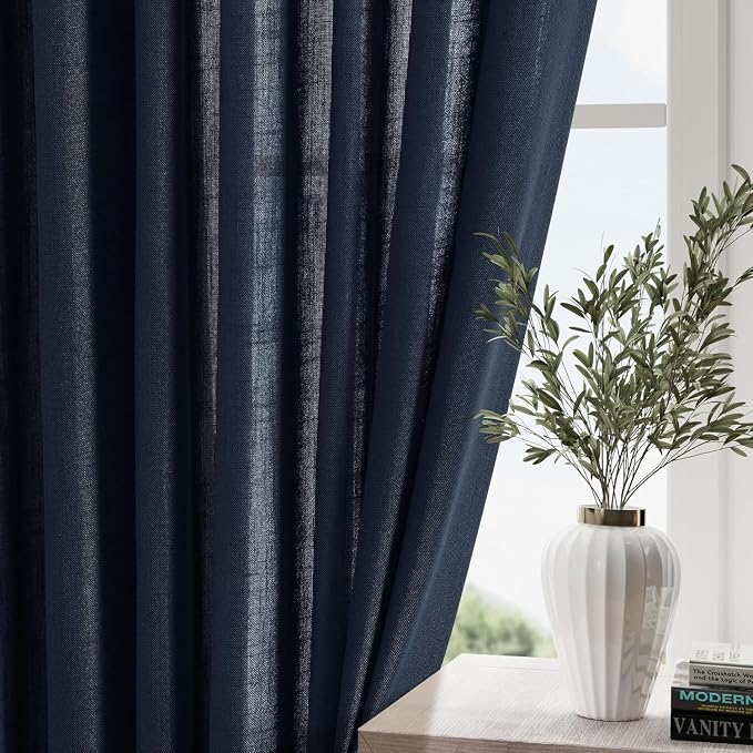 Nanspring Navy Blue Linen Curtains 63 Inches Length 2 Panels Set - Image 2