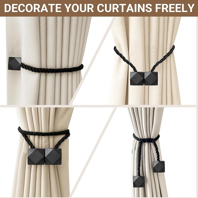 Hion Magnetic Curtain Tiebacks Black 6 Pack, Curtain Tiebacks Buckles Holdbacks - Image 7
