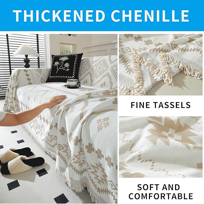 LUFEIJIASHI Boho Couch Covers for Sofa Non Slip Sofa Covers Washable Couch Covers for 3 Cushion Couch Sofa Pet Friendly Sectional Couch Cover Blanket Furniture Protector for Dogs (Khaki, 71"x150")