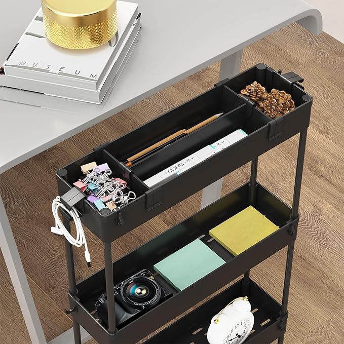 SPACELEAD Slim Storage Cart 4 Tier,Bathroom Organizer Rolling Utility,Mobile Shelving Unit Slide Out for Office, Kitchen, Laundry Room & Narrow Places,Black
