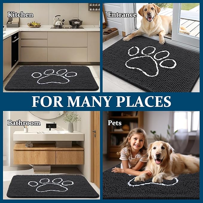 OLANLY Door Mat for Muddy Dog Paws 47x32, Ultra Absorbent Chenille Mud Doormat with Paw Print Design, Non-Slip Washable Doormat for Indoor Entryway, Quick-Dry Pet Bed Mats for Dirty Dogs, Dark Grey