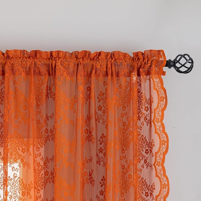 YJ YANJUN Vintage Lace Curtains 108 Inches Long- Burnt Orange Floral Sheer - Image 2