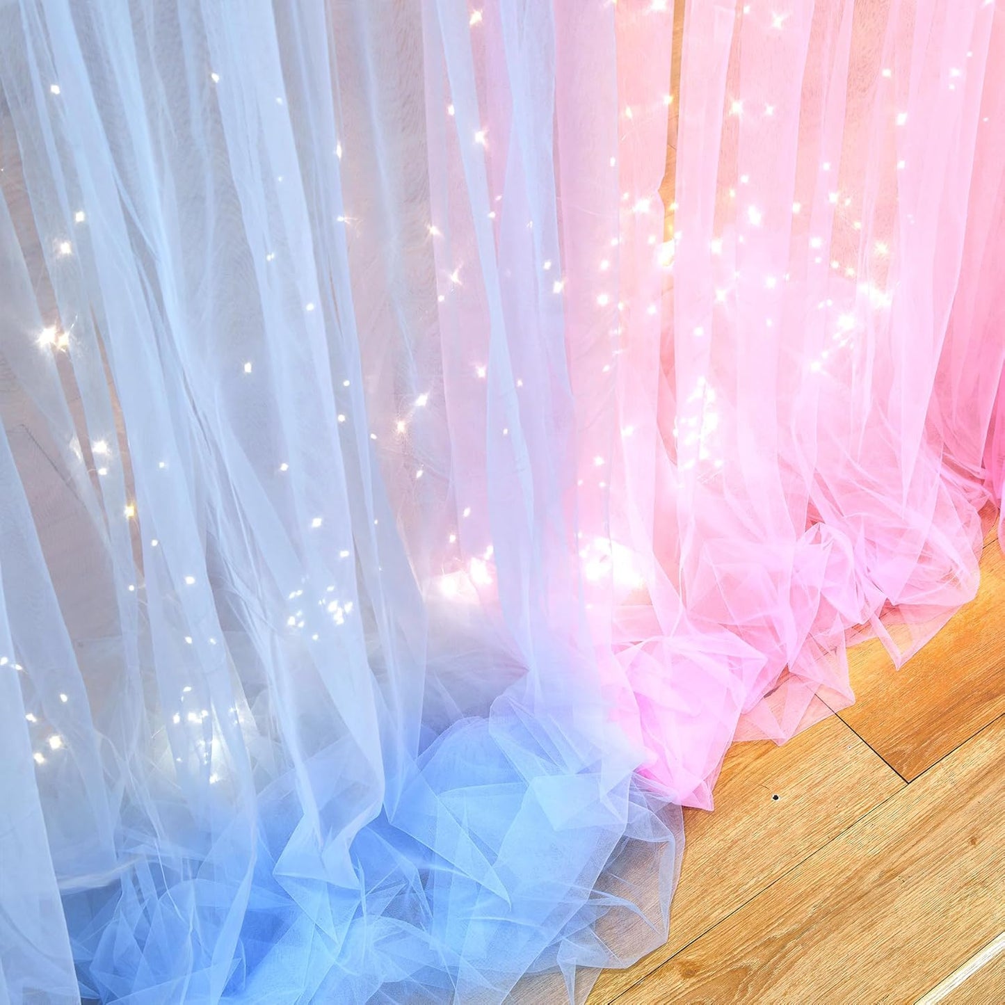 Pink and Blue Backdrop Curtains with Lights String for Baby Shower Sheer Tulle Backdrop Curtain for Gender Reveal Birthday Party Bridal Shower Photo Shoot Background Decorations 2 Panels 5×10ft