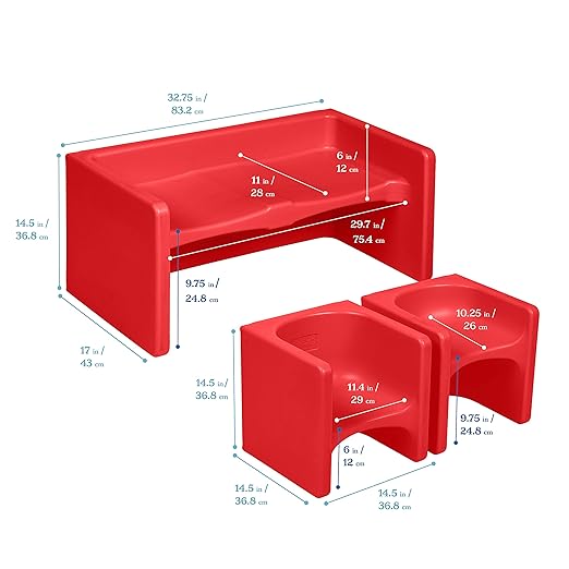 ECR4Kids Tri-Me Table and Cube Chair Set, Multipurpose Furniture, Red, 3-Piece