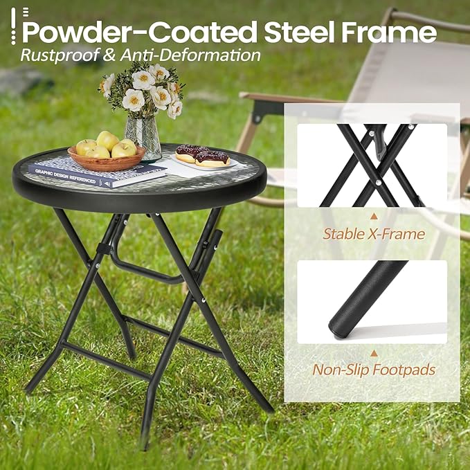 Foldable Patio Side Table Set of 2 with Tempered Glass Top 18" Folding Outdoor Side Tables Set of 2 Small Glass Patio End Tables for Porch Yard Balcony Deck Lawn Dining Garden (Black)