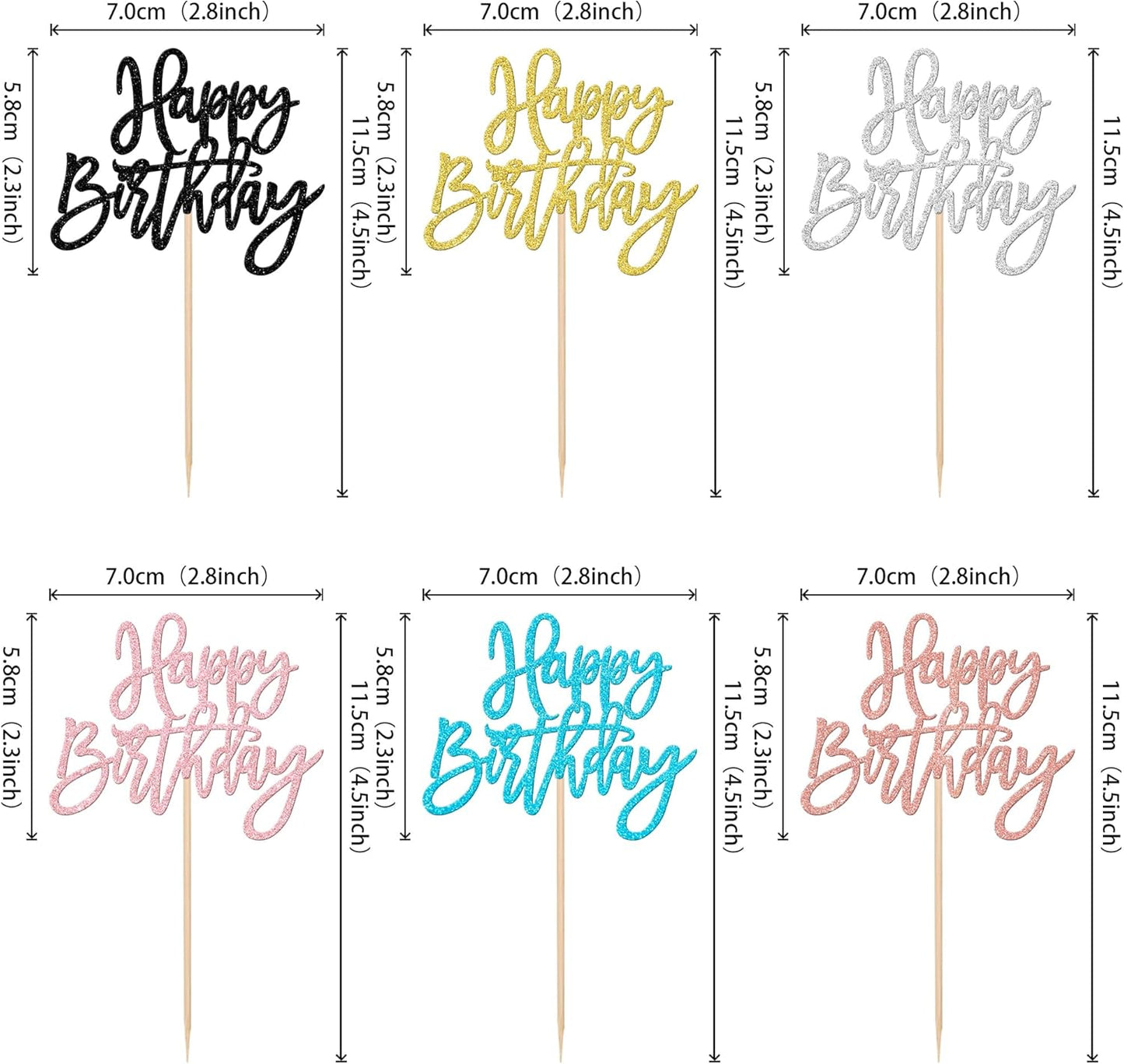 24 PCS Glitter Cupcake Toppers - Happy Birthday & Anniversary Picks - Multi 6 Colors