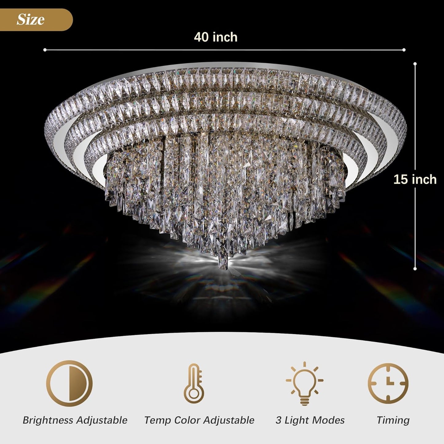 40 inch Crystal Silver Ceiling-Light Flush Mount with Remote Control and APP, 3CCT Dimmable & Brightness Adjustable, Modern Crystal Raindrop Chandeliers for Bedroom Hallway Dinning Room Living Room