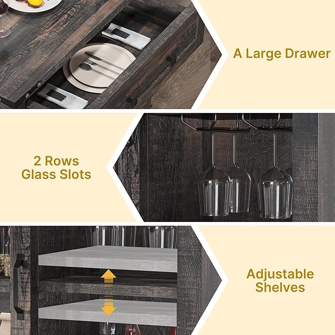 DWVO Farmhouse Coffee Bar Cabinet, Sideboard Buffet Cabinet with Drawer & Adjustable Shelves, Storage Cabinet with Sliding Barn Door for Kitchen and Living Room, Dark Rustic Oak