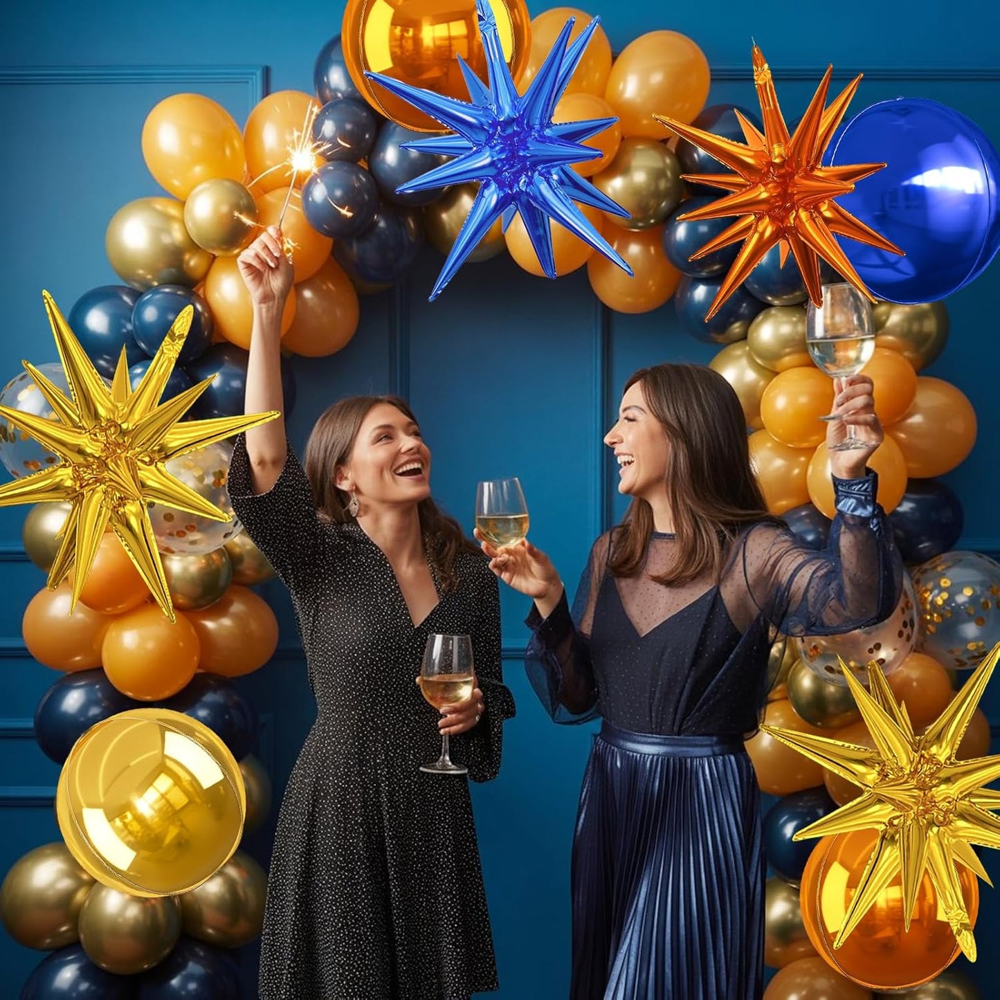 6Pcs Blue Orange Gold Foil Balloons,22Inch Orange Blue Gold 4D Round Ball Balloon and Explosion Star Balloon for Birthday Wedding Baby Shower Anniversary Party Decorations