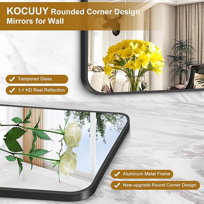 KOCUUY 55x36 Black Bathroom Mirror, Large Matte Black Vanity Mirror, Tempered Glass Mirror for Bathroom Wall, Black Rounded Rectangle Mirror Modern Decor for Bedroom, Living Room, Farmhouse, Entryway