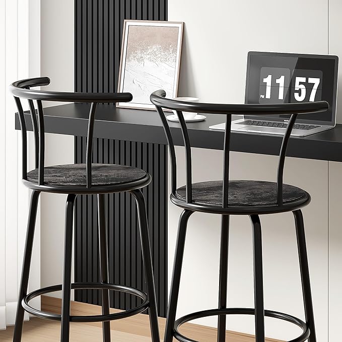 VECELO Bar Stools Set of 4, Swivel Counter Barstools with Backrest, Bar Height Chairs for Dining Room, Kitchen Island, Pub, Easy Assembly, Grey